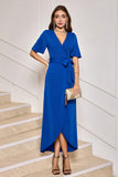 Royal Blue V-Neck Long Mother of Bride Dress with Short Sleeves