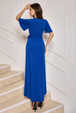 Royal Blue V-Neck Long Mother of Bride Dress with Short Sleeves