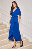 Royal Blue V-Neck Tea Length Sheath Mother of Bride Dress with Belt