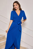 Royal Blue V-Neck Tea Length Sheath Mother of Bride Dress with Belt