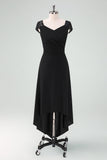 Black High-Low A-Line Cocktail Dress with Cap Sleeves