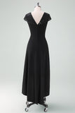 Black High-Low A-Line Cocktail Dress with Cap Sleeves