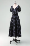 Black V-neck Short Sleeves Lace A-Line Mother of Bride Dress with Sash