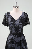 Black V-neck Short Sleeves Lace A-Line Mother of Bride Dress with Sash