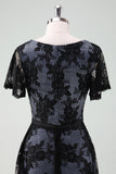 Black V-neck Short Sleeves Lace A-Line Mother of Bride Dress with Sash