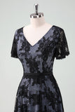 Black V-neck Short Sleeves Lace A-Line Mother of Bride Dress with Sash