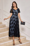 Black V-neck Lace A-Line Tea Length Mother of Bride Dress