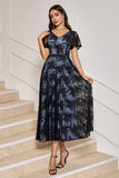 Black V-neck Lace A-Line Tea Length Mother of Bride Dress