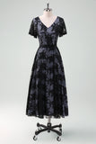 Black V-neck Lace A-Line Tea Length Mother of Bride Dress