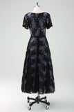 Black V-neck Lace A-Line Tea Length Mother of Bride Dress