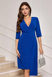 Royal Blue V-Neck Half Sleeves Midi Bodycon Cocktail Dress