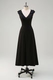 Black V-Neck A-Line Chiffon Wedding Guest Dress with Applique