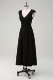 Black V-Neck A-Line Chiffon Wedding Guest Dress with Applique