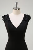 Black V-Neck A-Line Chiffon Wedding Guest Dress with Applique