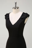 Black V-Neck A-Line Chiffon Wedding Guest Dress with Applique