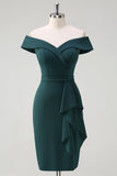 Dark Green Off the Shoulder Ruffled Sheath Midi Cocktail Party Dress