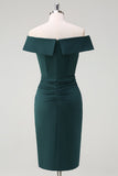 Dark Green Off the Shoulder Ruffled Sheath Midi Cocktail Party Dress