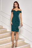 Dark Green Off the Shoulder Ruffled Sheath Midi Cocktail Party Dress