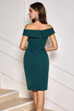 Dark Green Off the Shoulder Ruffled Sheath Midi Cocktail Party Dress