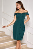 Dark Green Off the Shoulder Ruffled Sheath Midi Cocktail Party Dress