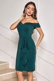 Dark Green Off the Shoulder Ruffled Sheath Midi Cocktail Party Dress