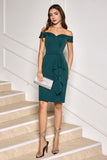 Dark Green Off the Shoulder Ruffled Sheath Midi Cocktail Party Dress