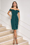 Dark Green Off the Shoulder Ruffled Sheath Midi Cocktail Party Dress