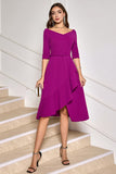 Grape Purple V-Neck Asymmetrical Cocktail Dress with Belt