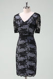 Elegant Black V-Neck Lace Sheath Mother of Bride Dress with Short Sleeves