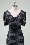 Elegant Black V-Neck Lace Sheath Mother of Bride Dress with Short Sleeves