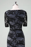 Elegant Black V-Neck Lace Sheath Mother of Bride Dress with Short Sleeves