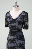 Elegant Black V-Neck Lace Sheath Mother of Bride Dress with Short Sleeves