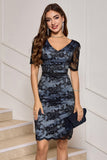 Black V-Neck Short Sleeves Lace Sheath Midi Mother of Bride Dress