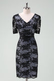 Black V-Neck Short Sleeves Lace Sheath Midi Mother of Bride Dress