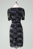 Black V-Neck Short Sleeves Lace Sheath Midi Mother of Bride Dress