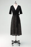 Sparkly Black A-Line Mother Dress with Half Sleeves