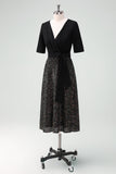 Sparkly Black A-Line Mother Dress with Half Sleeves