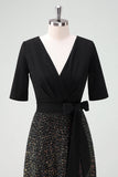 Sparkly Black A-Line Mother Dress with Half Sleeves