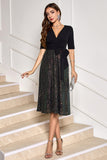 Sparkly Black A-Line Mother Dress with Half Sleeves