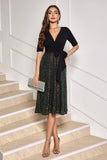 Sparkly Black V-Neck A-Line Mother Dress with Sash