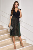 Sparkly Black V-Neck A-Line Mother Dress with Sash