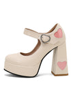 Apricot Thick Sole Chunky Buckle Shoes with Hearts