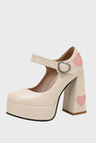 Apricot Thick Sole Chunky Buckle Shoes with Hearts