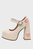 Apricot Thick Sole Chunky Buckle Shoes with Hearts