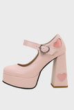 Apricot Thick Sole Chunky Buckle Shoes with Hearts