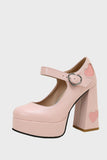 Apricot Thick Sole Chunky Buckle Shoes with Hearts