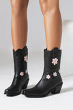 Fashion Black Block Heel Ankle Boots with Flowers