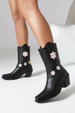 Fashion Black Block Heel Ankle Boots with Flowers