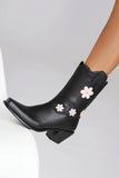 Fashion Black Block Heel Ankle Boots with Flowers