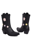 Fashion Black Block Heel Ankle Boots with Flowers